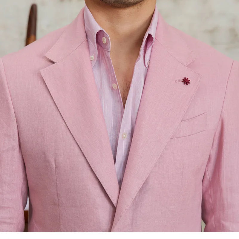 100% Linen Italian Stylish Blazer Men Casual Breathable Half Lining Vintage Suit Jacket Pink White
