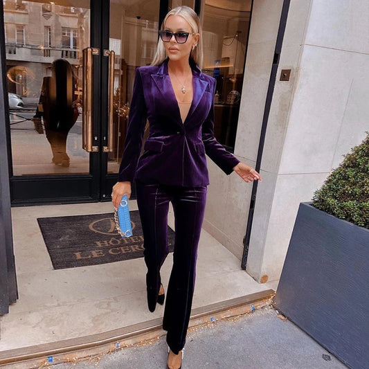 New Fashion Velvet Slim Women's Set Sexy Lapel Single Button Blazer + High Waist Flared Pants 2 Two Piece Set