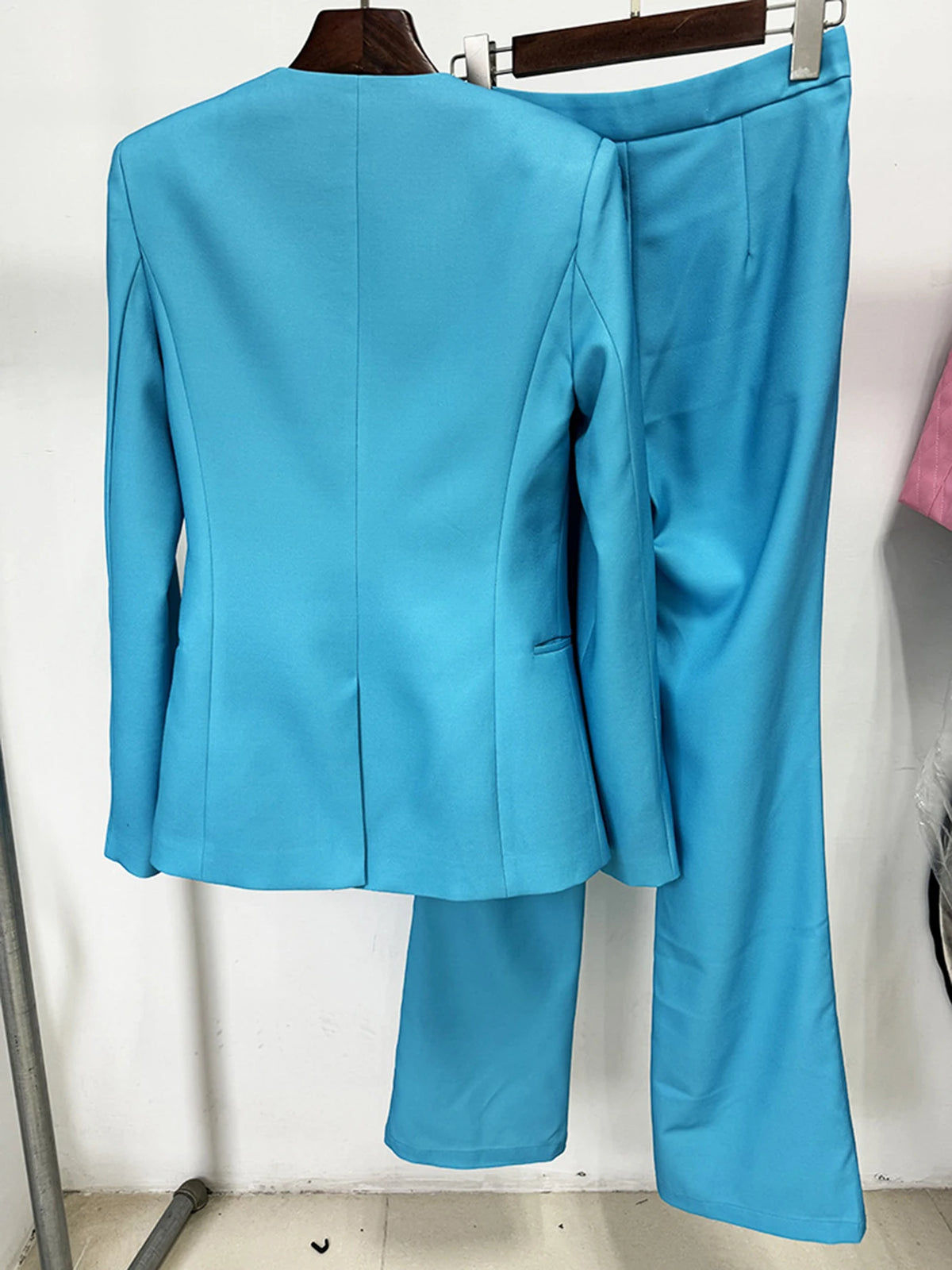 Blue 3D Flower Women's Fashion Slim Set Sexy V-neck Long sleeved Blazer+Flare Pants Party 2 Two Piece Set