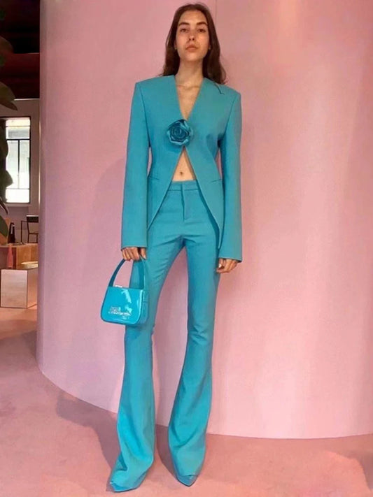 New Blue 3D Flower Women's Fashion Slim Set Sexy V-neck Long sleeved Blazer+Flare Pants Party 2 Two Piece Set