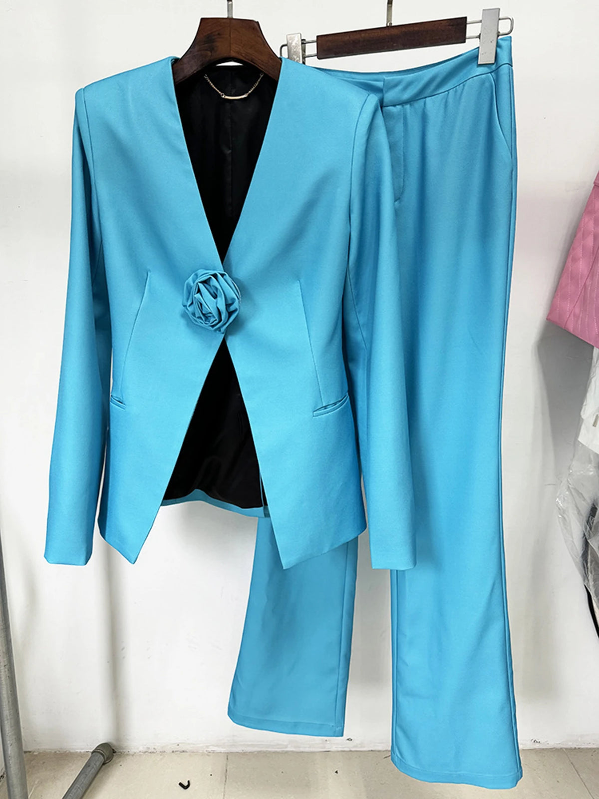 Blue 3D Flower Women's Fashion Slim Set Sexy V-neck Long sleeved Blazer+Flare Pants Party 2 Two Piece Set