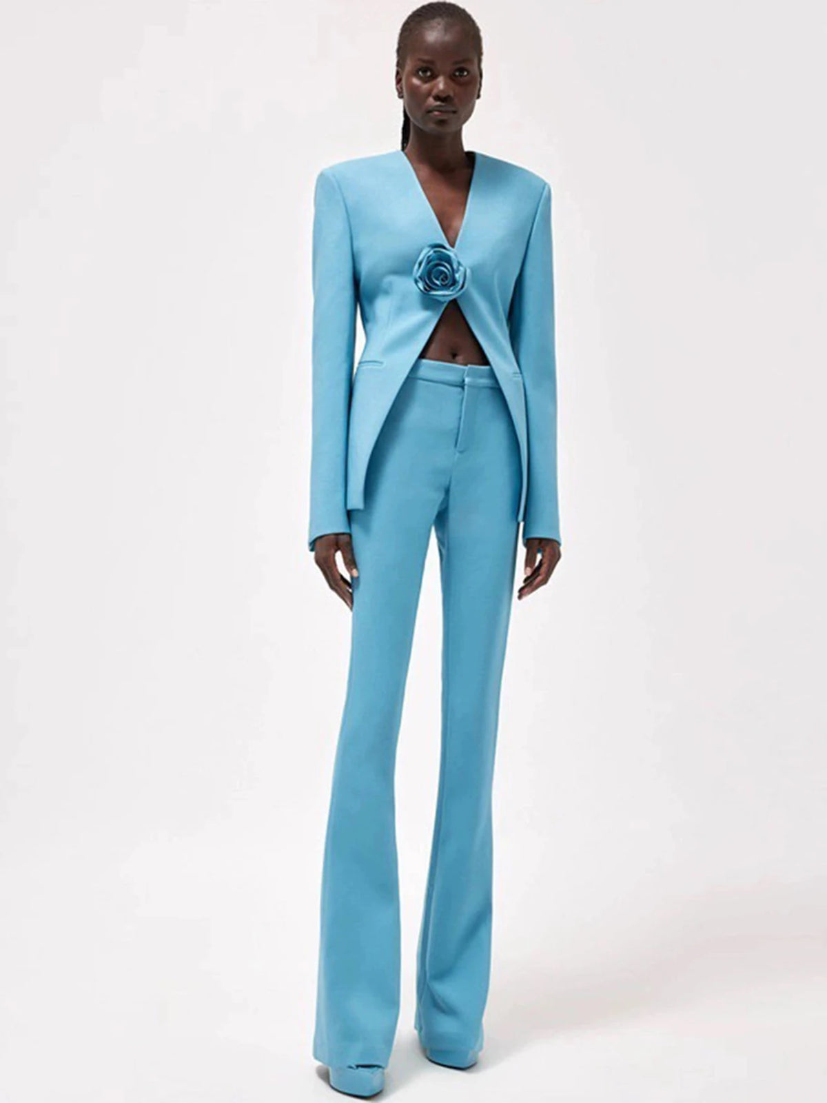 Blue 3D Flower Women's Fashion Slim Set Sexy V-neck Long sleeved Blazer+Flare Pants Party 2 Two Piece Set