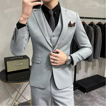 High Quality (suit+Vest+Pants) Men's Elegant Fashion Business Dress Plaid Slim Fit Casual Dress Gentleman Suit 3 Piece Set