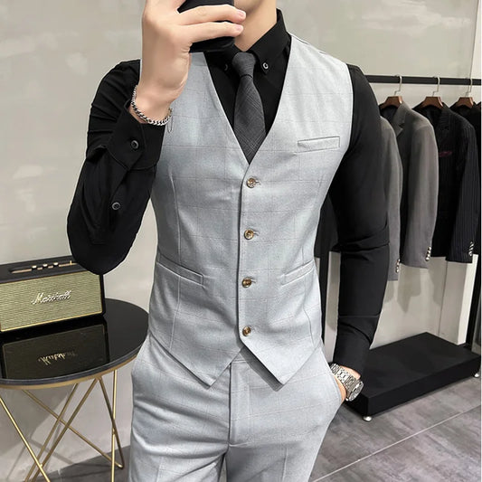 High Quality (suit+Vest+Pants) Men's Elegant Fashion Business Dress Plaid Slim Fit Casual Dress Gentleman Suit 3 Piece Set