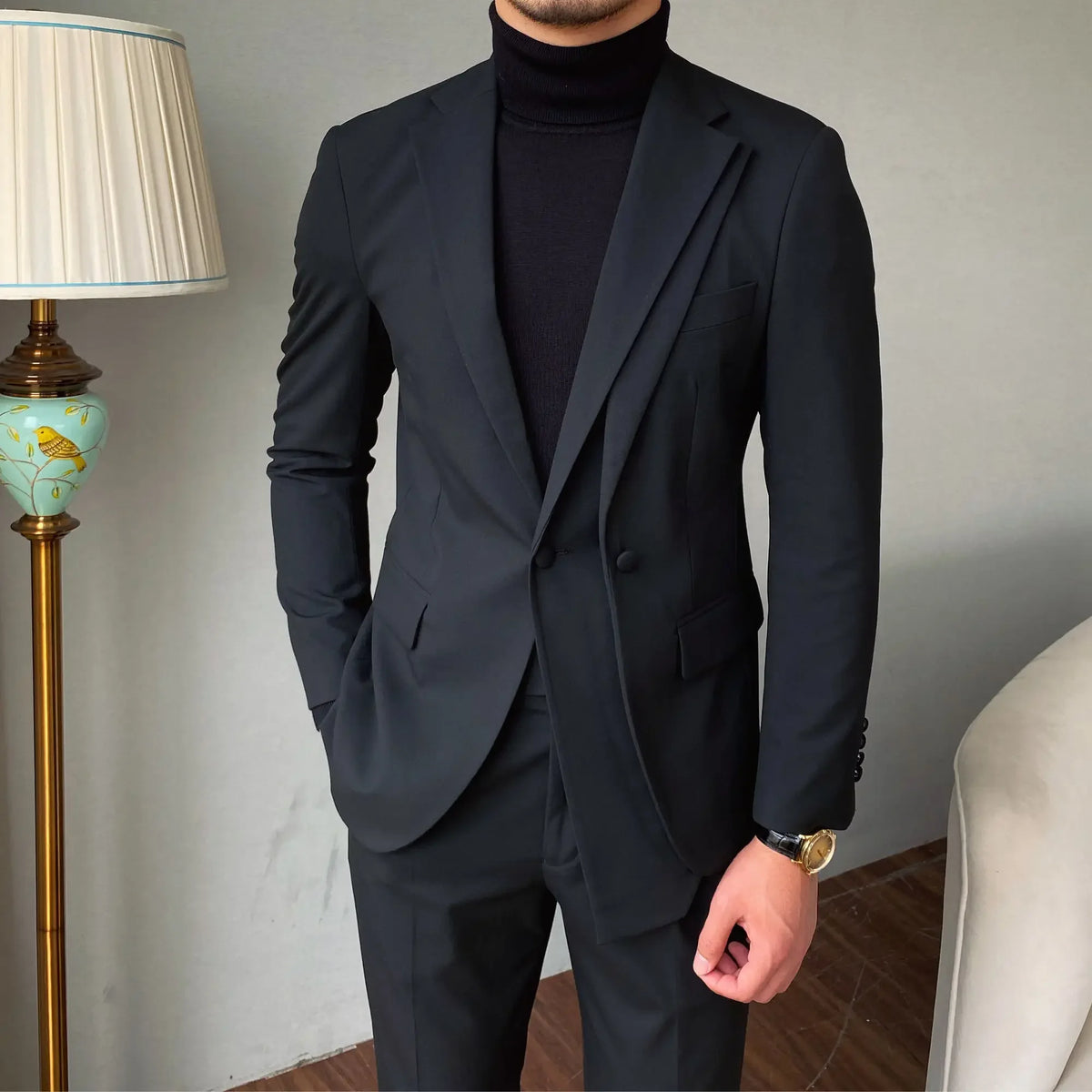 Conjunto de blazer y pantalón clásico negro ajustado para hombre