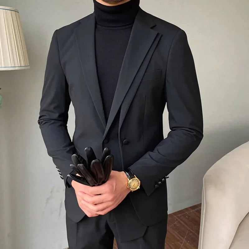 Conjunto de blazer y pantalón clásico negro ajustado para hombre