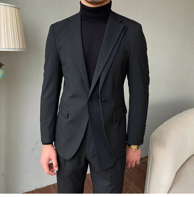 Conjunto de blazer y pantalón clásico negro ajustado para hombre