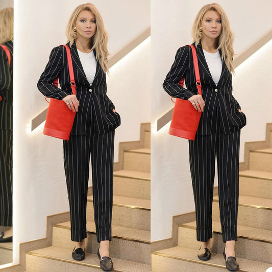 Black Stripe Women Suits Leisure Slim Fit Evening Party Prom Blazer Outfit Tuxedos (Jacket+Pants)