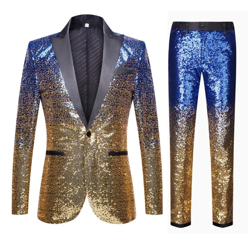 (Blazer + Pantalones) Traje elegante informal de moda para hombre, para bodas, padrinos de boda, banquetes, bailes, fiestas, con lentejuelas, conjunto de 2 piezas 