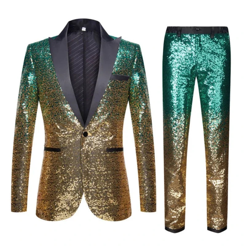(Blazer + Pantalones) Traje elegante informal de moda para hombre, para bodas, padrinos de boda, banquetes, bailes, fiestas, con lentejuelas, conjunto de 2 piezas 