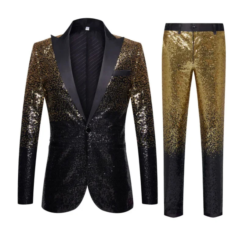 (Blazer + Pantalones) Traje elegante informal de moda para hombre, para bodas, padrinos de boda, banquetes, bailes, fiestas, con lentejuelas, conjunto de 2 piezas 