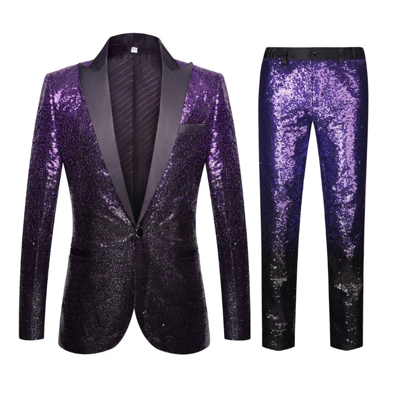 (Blazer + Pantalones) Traje elegante informal de moda para hombre, para bodas, padrinos de boda, banquetes, bailes, fiestas, con lentejuelas, conjunto de 2 piezas 