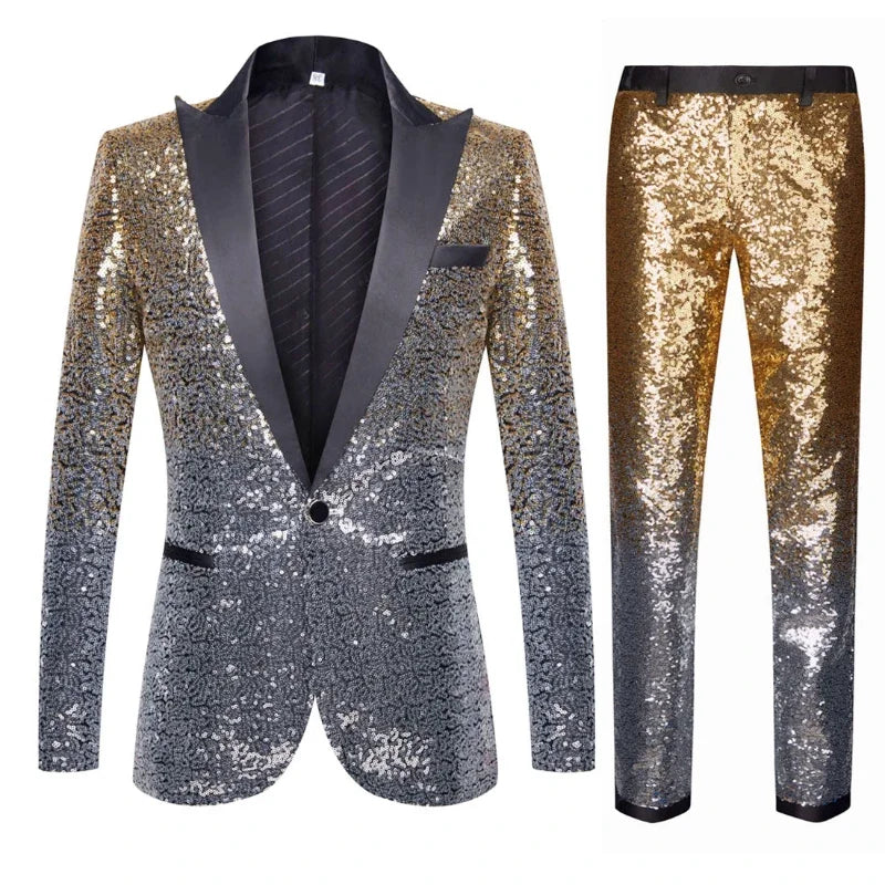 (Blazer + Pantalones) Traje elegante informal de moda para hombre, para bodas, padrinos de boda, banquetes, bailes, fiestas, con lentejuelas, conjunto de 2 piezas 