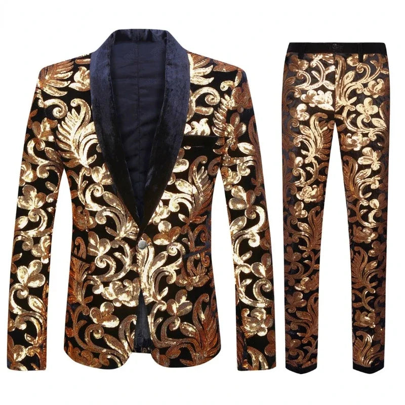High Quality (Blazer + Trousers) Men's Gold Velvet Fashion Elegant Casual Wedding Banquet Party Sequin Costumes Two Piece Set