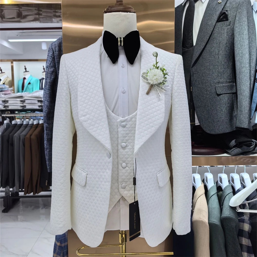 Checkered Men‘s 3 Pieces Suit Set, Fashion Blazer Vest Pants Set, Wedding Groom Best Man Tuxedo Prom Wear