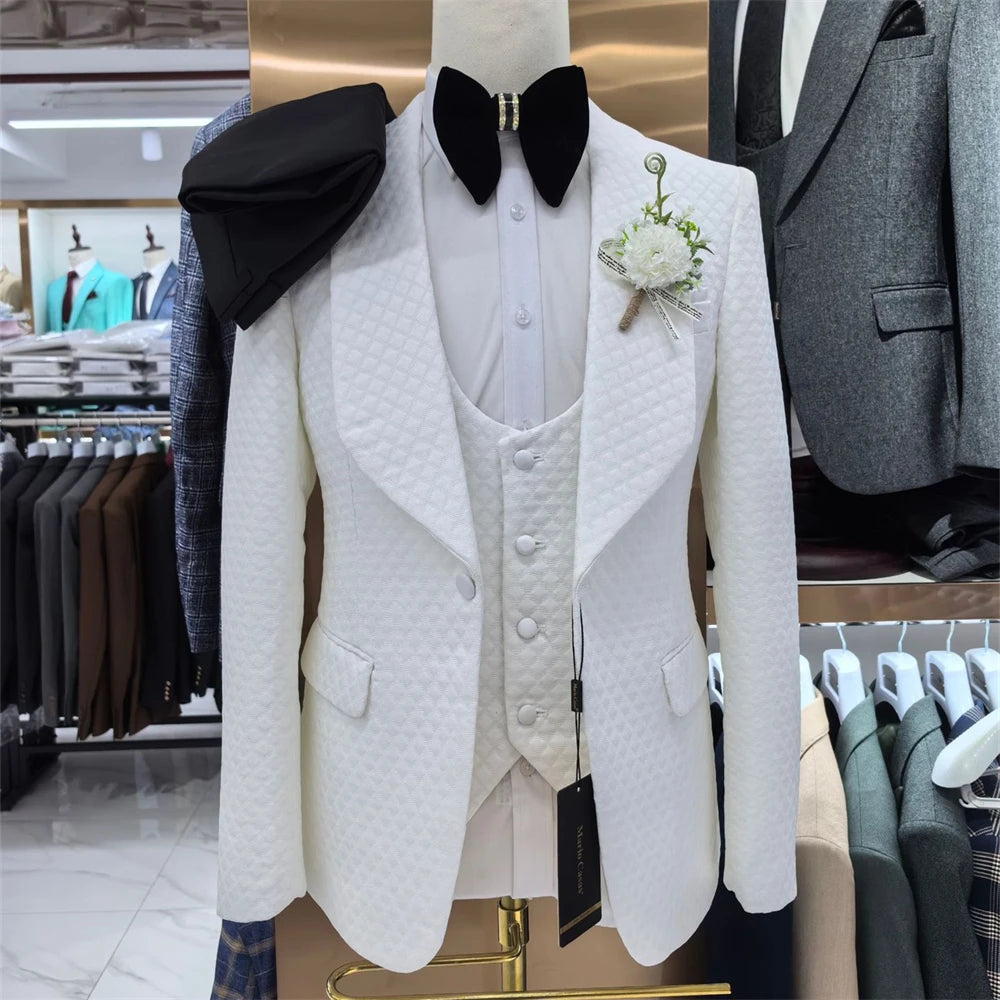 Checkered Men‘s 3 Pieces Suit Set, Fashion Blazer Vest Pants Set, Wedding Groom Best Man Tuxedo Prom Wear