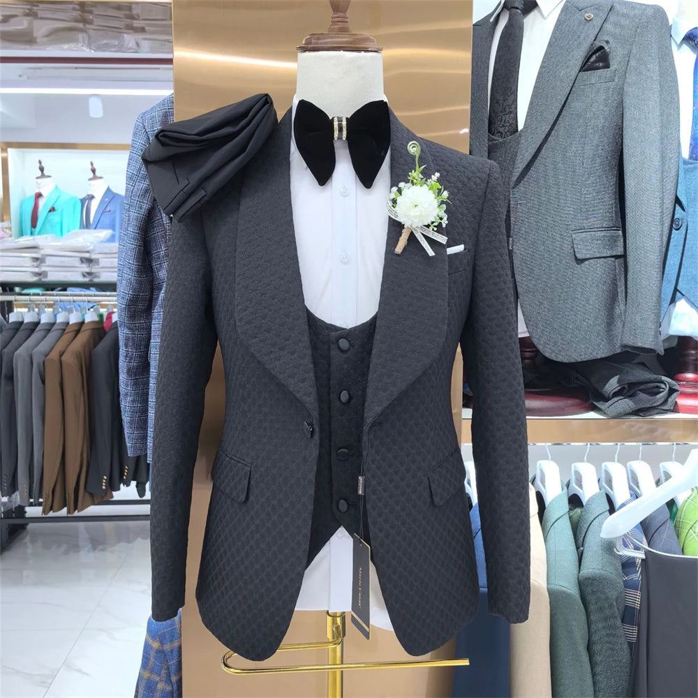 Checkered Men‘s 3 Pieces Suit Set, Fashion Blazer Vest Pants Set, Wedding Groom Best Man Tuxedo Prom Wear