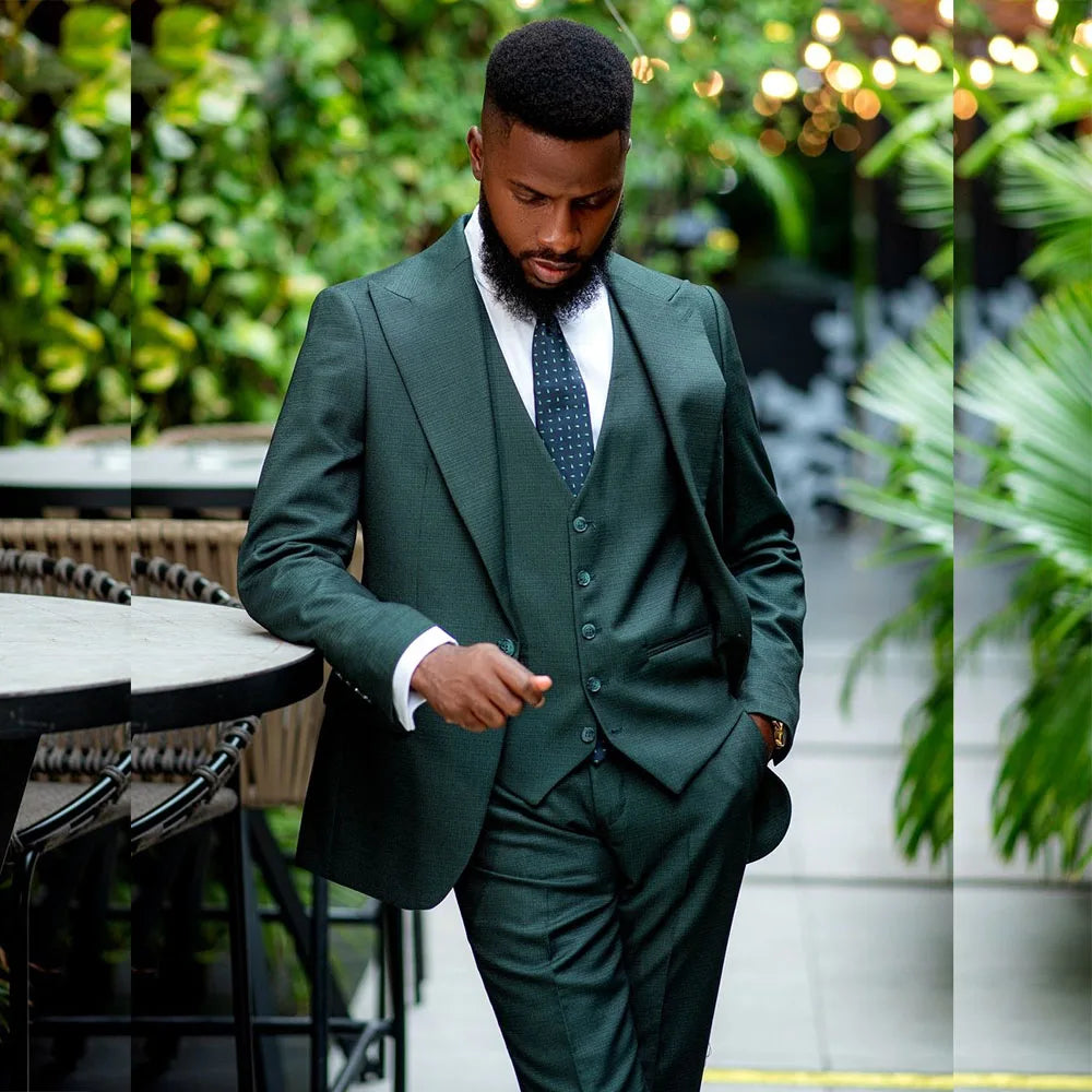 Trajes verdes de alta calidad para hombre para boda, personalizados, de un solo pecho, con solapa de pico, corte entallado, 3 piezas, chaqueta, pantalón, chaleco, disfraz.