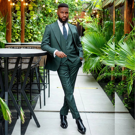 High Quality Green Men's Suits for Wedding Customized Single Breasted Peak Lapel Slim Fit 3 Piece Jacket Pants Vest Costume