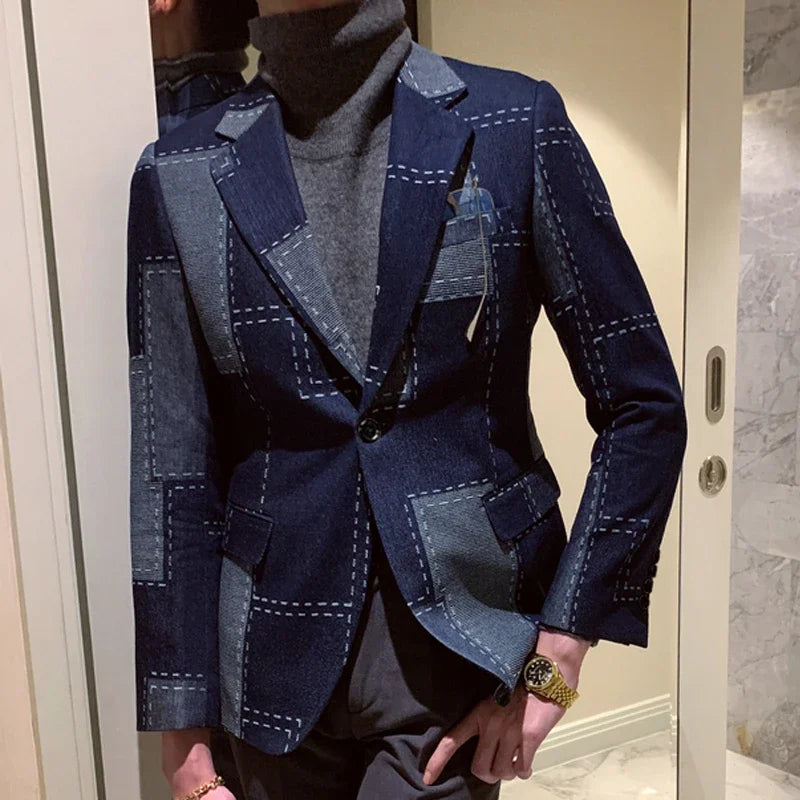 Traje informal vintage de dos piezas con estampado geométrico de patchwork para hombre, chaqueta a cuadros de primavera, blazer elegante para hombre 