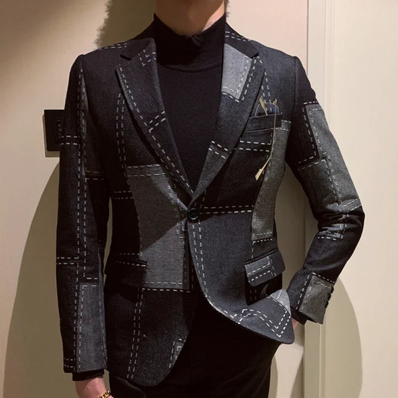 Traje informal vintage de dos piezas con estampado geométrico de patchwork para hombre, chaqueta a cuadros de primavera, blazer elegante para hombre 