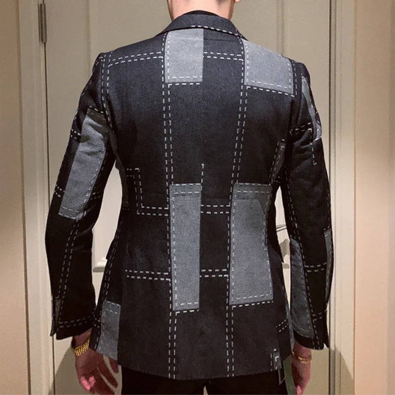 Traje informal vintage de dos piezas con estampado geométrico de patchwork para hombre, chaqueta a cuadros de primavera, blazer elegante para hombre 