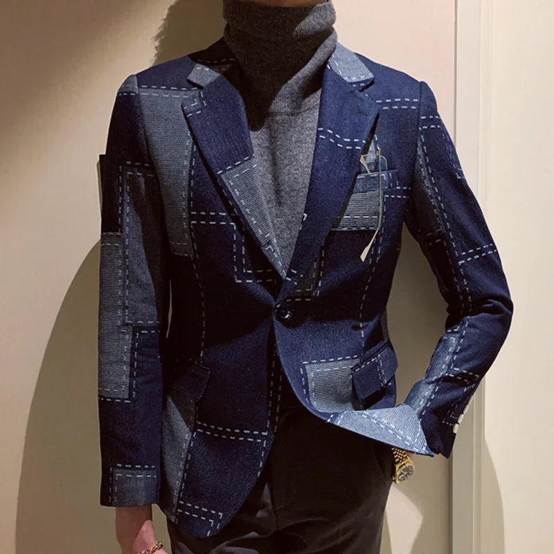 Traje informal vintage de dos piezas con estampado geométrico de patchwork para hombre, chaqueta a cuadros de primavera, blazer elegante para hombre 