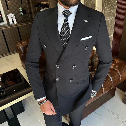 High Quality Solid Color Peak Lapel Double Breasted Men's Suits Custom Made 2 Piece Jacket Pants Sets Business Outfits Blazer