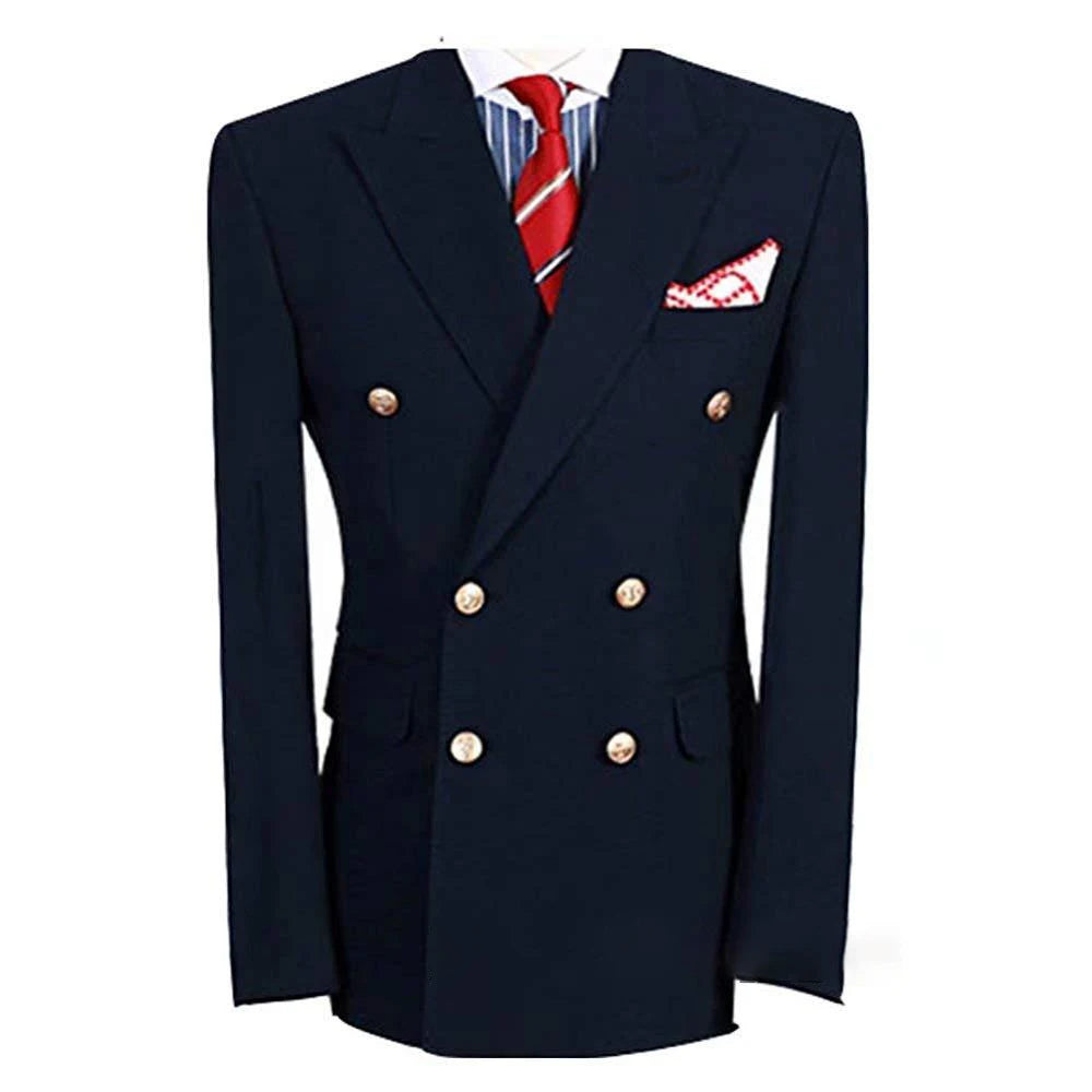 Trajes de alta calidad para hombre, azul marino, moda, solapa de pico, doble botonadura, traje masculino, corte entallado, formal, informal, esmoquin de boda, 2 piezas