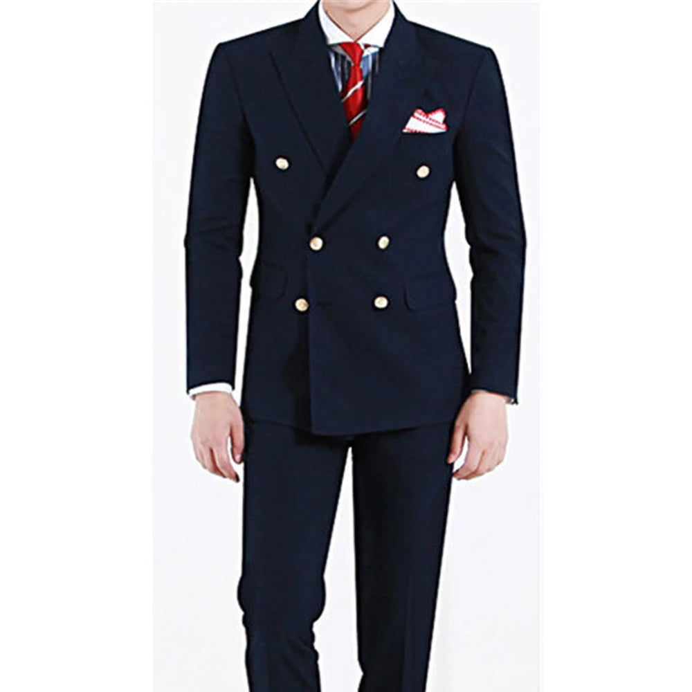 Trajes de alta calidad para hombre, azul marino, moda, solapa de pico, doble botonadura, traje masculino, corte entallado, formal, informal, esmoquin de boda, 2 piezas