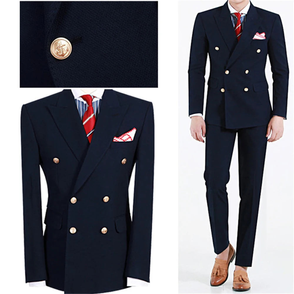 Trajes de alta calidad para hombre, azul marino, moda, solapa de pico, doble botonadura, traje masculino, corte entallado, formal, informal, esmoquin de boda, 2 piezas