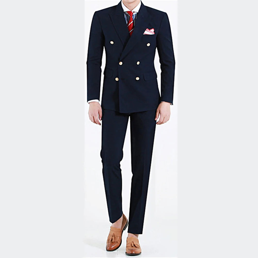 Trajes de alta calidad para hombre, azul marino, moda, solapa de pico, doble botonadura, traje masculino, corte entallado, formal, informal, esmoquin de boda, 2 piezas