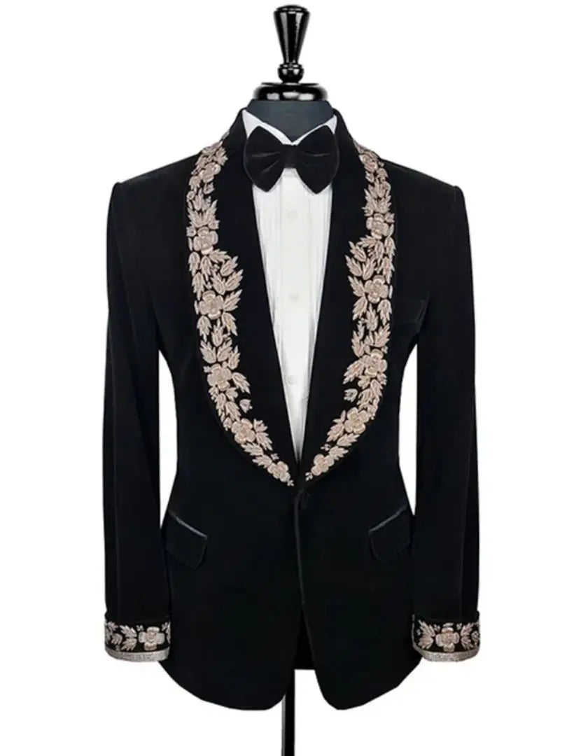 Luxurious Velour Embroidered Men's Wedding Suit Tailored for Grooms Formal Events Party Attire