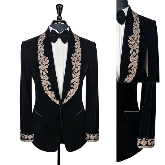 Costume de mariage luxueux en velours brodé pour homme, conçu sur mesure pour les mariés, pour les événements formels et les fêtes