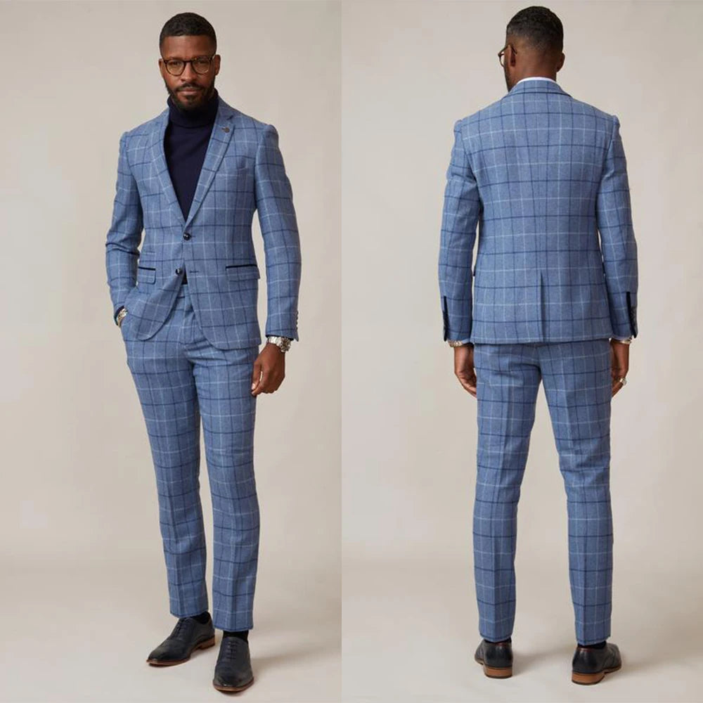 Winter Mens Wedding Suits 2 Pieces Tweed Check Groom Party Blazer Business Wear Coat(Jacket+Pants)
