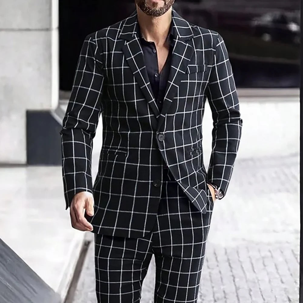 Traje de hombre de alta gama, de un solo pecho, a cuadros negros, dos piezas (chaqueta + pantalón), solapas, para fiesta informal, graduación, boda.