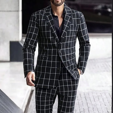 Traje de hombre de alta gama, de un solo pecho, a cuadros negros, dos piezas (chaqueta + pantalón), solapas, para fiesta informal, graduación, boda.