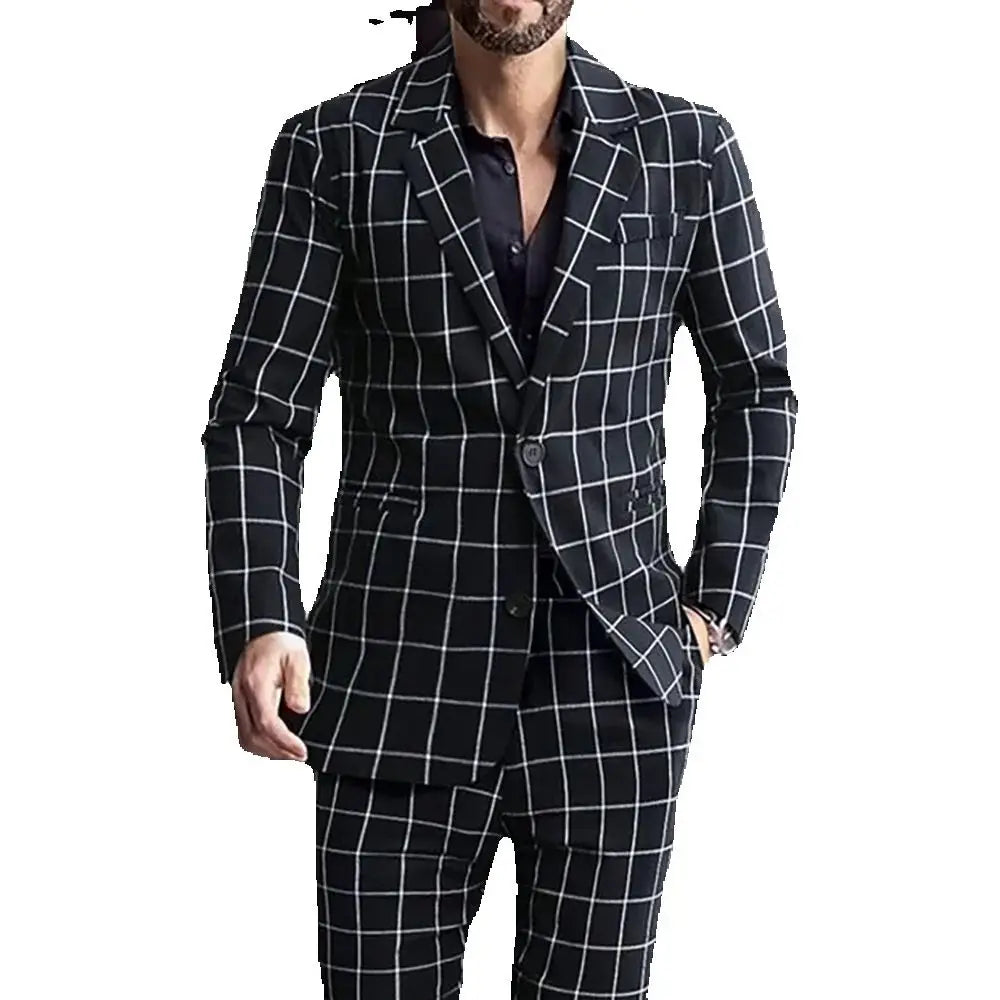 Traje de hombre de alta gama, de un solo pecho, a cuadros negros, dos piezas (chaqueta + pantalón), solapas, para fiesta informal, graduación, boda.