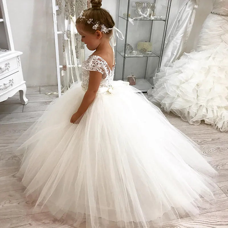 Girls White Lace and Tulle Flower Girl Dress with Cap Sleeves