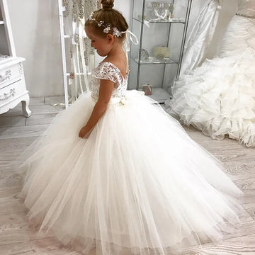 Girls White Lace and Tulle Flower Girl Dress with Cap Sleeves