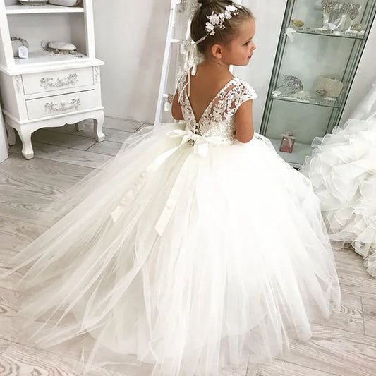 Girls White Lace and Tulle Flower Girl Dress with Cap Sleeves