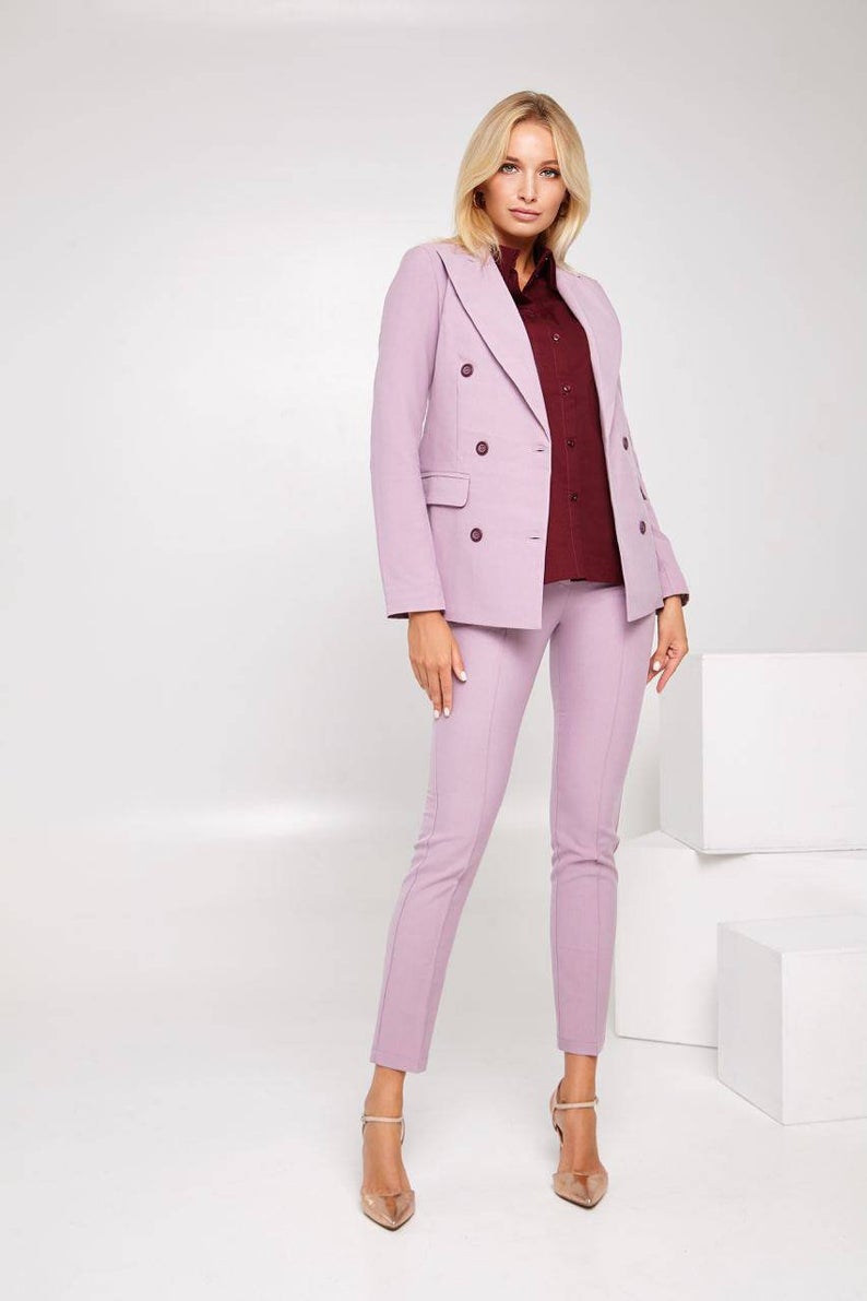 Costume blazer à manches longues pour femme, croisé, tenue formelle, soirée, mariage, pantalon slim, 2 pièces 
