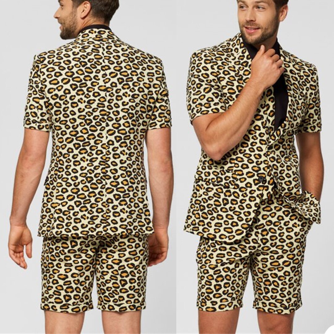 Leopard Short men Tuxedos Summer Beach Groom Wedding Blazer Trousers Suits Business Prom Party (Jacket+Pants)