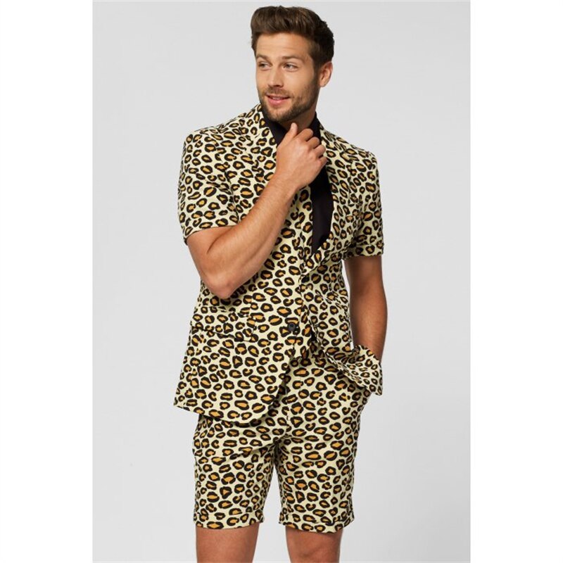 Leopard Short men Tuxedos Summer Beach Groom Wedding Blazer Trousers Suits Business Prom Party (Jacket+Pants)