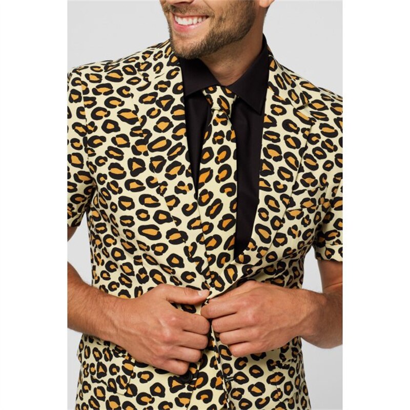 Leopard Short men Tuxedos Summer Beach Groom Wedding Blazer Trousers Suits Business Prom Party (Jacket+Pants)