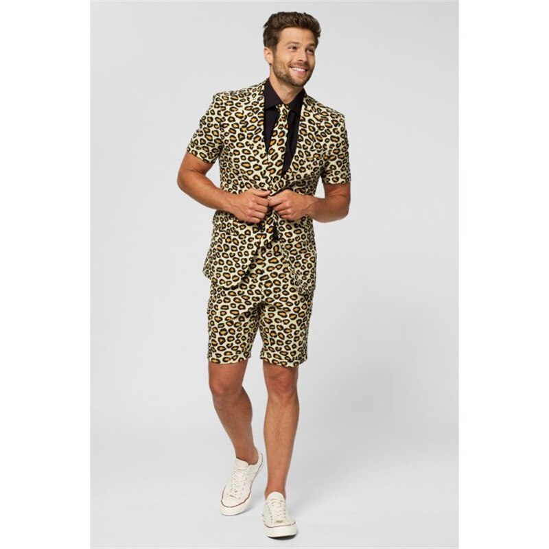 Leopard Short men Tuxedos Summer Beach Groom Wedding Blazer Trousers Suits Business Prom Party (Jacket+Pants)