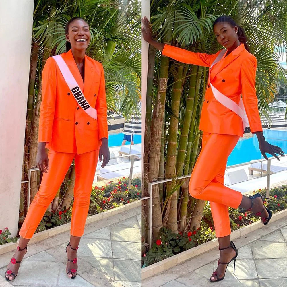Hot Orange Dresses 2 Pieces Double Breasted Simple Blazer Penncil Pants Daily Casual Robe