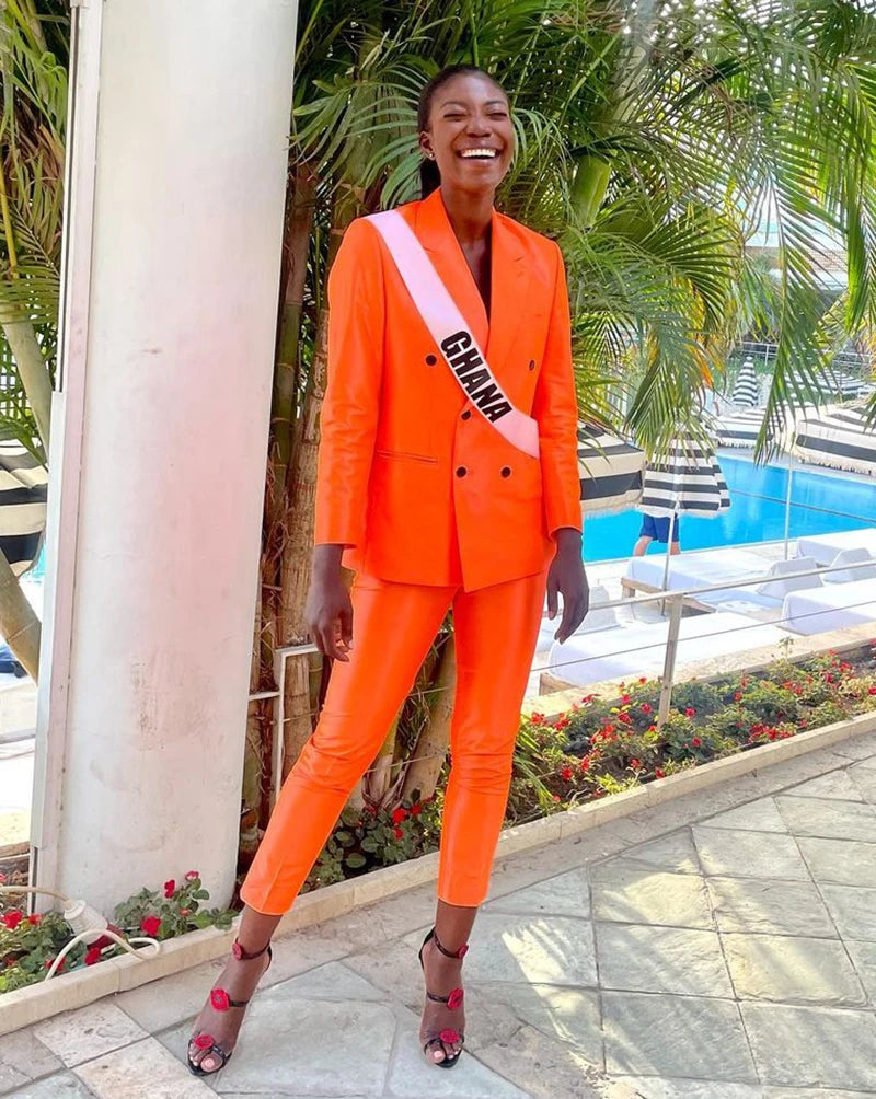 Hot Orange Dresses 2 Pieces Double Breasted Simple Blazer Penncil Pants Daily Casual Robe