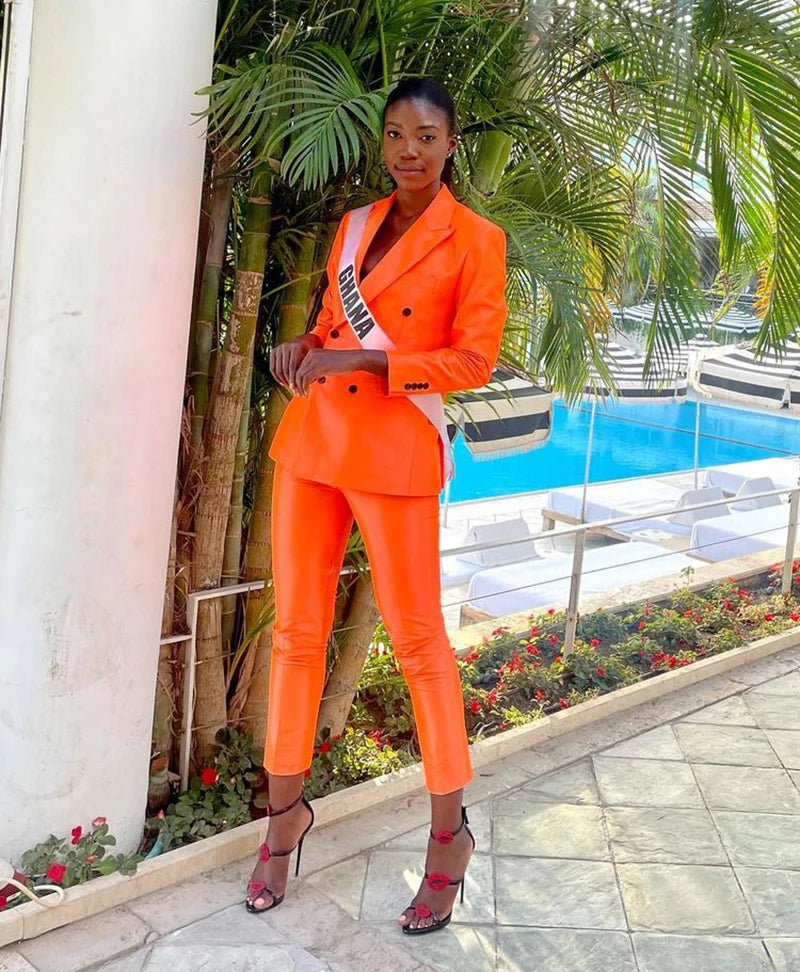 Hot Orange Dresses 2 Pieces Double Breasted Simple Blazer Penncil Pants Daily Casual Robe