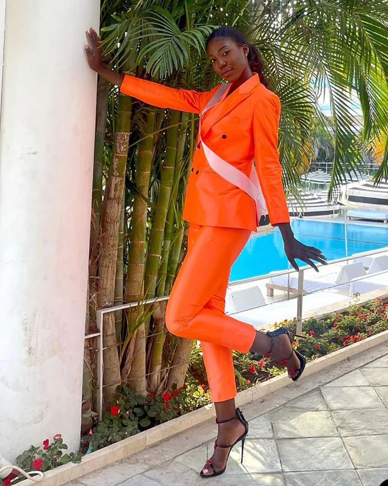 Hot Orange Dresses 2 Pieces Double Breasted Simple Blazer Penncil Pants Daily Casual Robe